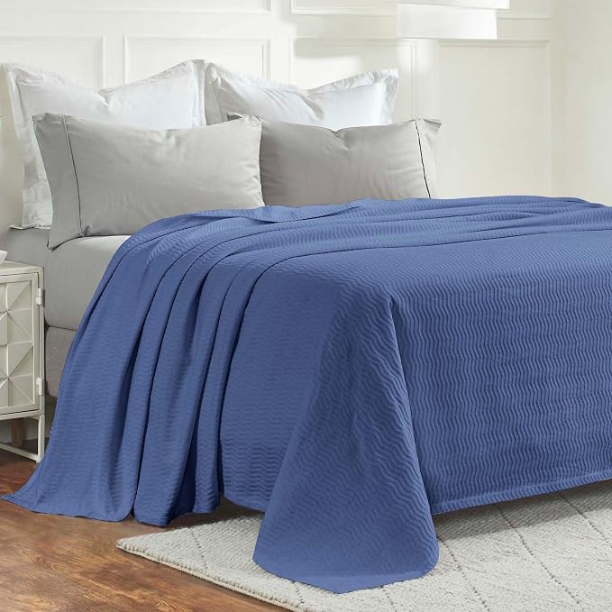Superior JENA Cotton Blanket, for Picnic, Beach, Traveling or Camping, Bedroom Decor, Essentials, Cover for Bed, Couch, Lounging, Textured Jacquard, Modern Chevron Woven Blanket, Twin, Merritt Blue