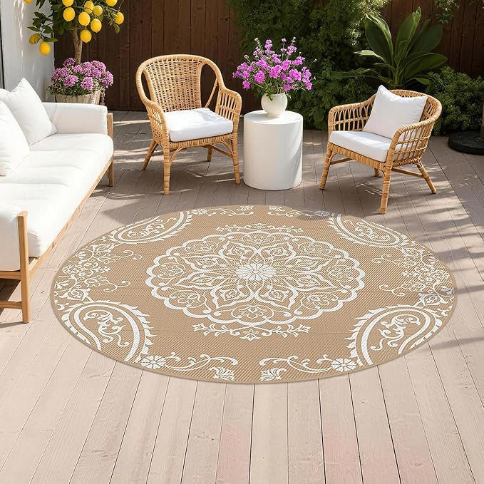 Pauwer Outdoor Rug 6ft, Waterproof Plastic Straw Camping Rug, Boho Brown | Reversible Patio Rug, UV Resistant Indoor Outdoor RV Mat Carpet For Deck, Camper, Porch, Balcony, Backyard, Picnic, Foldable