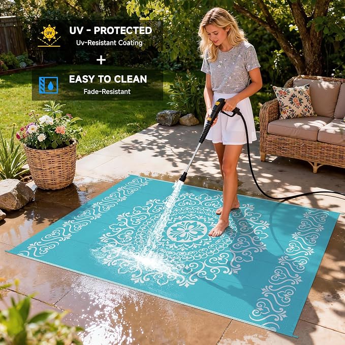Pauwer Outdoor Rug 5x8, Waterproof Plastic Straw Camping Rug, Floral Teal | Reversible Patio Rug, UV Resistant Indoor Outdoor RV Mat Carpet For Deck, Camper, Porch, Balcony, Backyard, Picnic, Foldable