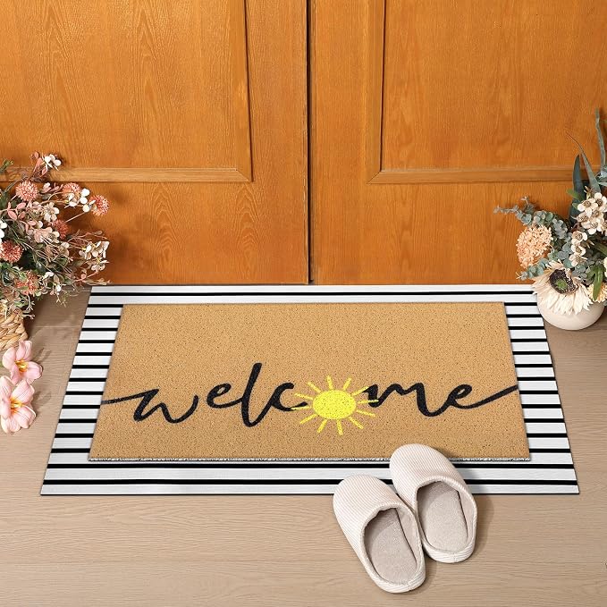 Tinideya 2 Pcs Summer Layered Door Mats Set, Sun Welcome Coir Mats with Stripe Rug for Front Porch Entryway Decor