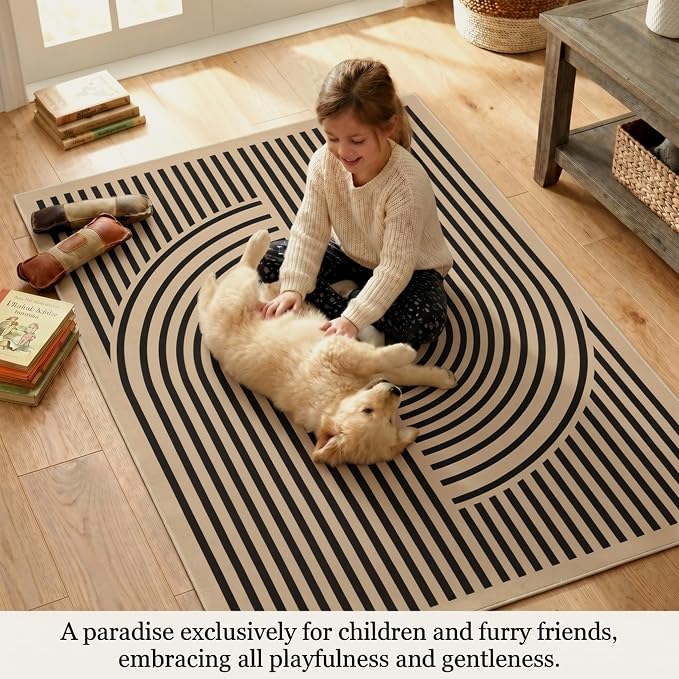 Brown Area Rug, 2x3, with a Black Geometric Modern Design, Abstract Line Pattern, Non-Slip TPE Backing, Low Pile, Washable, Easy to Clean, Suitable for Living Room, Bedroom and Entryway.