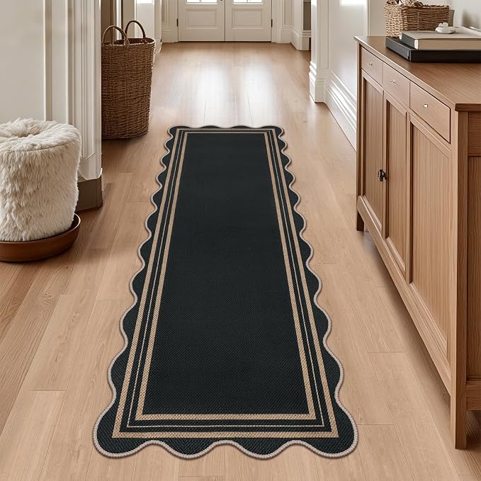 Scalloped 2x6 Kitchen Runner Rug, Washable Rugs for Entryway Non Slip Outdoor Indoor Black Hallway Rug, Farmhouse Morden Carpet for Entry Bedroom Laundry