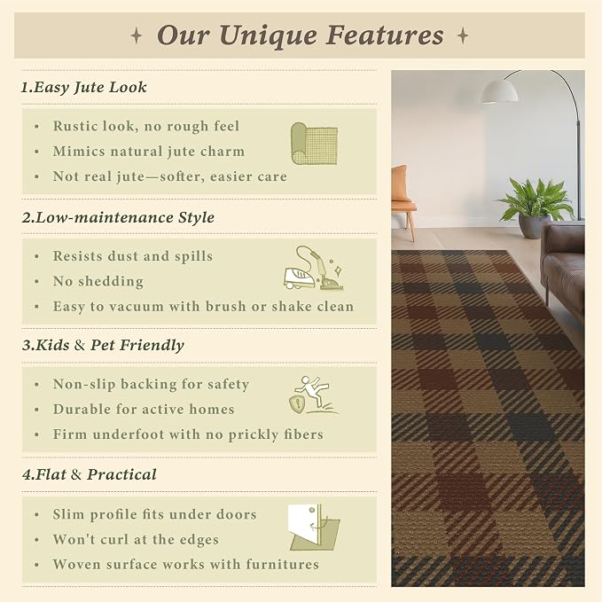 Neutral 4x6 Area Rug for Indoor Entrance - Easy Jute Brown and Red Checkered Rug for Large Entryway, Small Living Room, Stain Resistant Low Pile Retro Vintage Dark Décor
