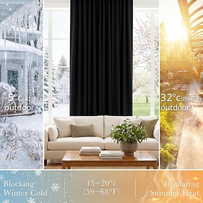 PONY DANCE Black Curtain Panels - 42 Wide by 90 Long, Black Room Darkening Floor Length Window Curtains for Living Room/Bedroom with Back Tab Slot Top Home Decor Draperies, 2 PCs
