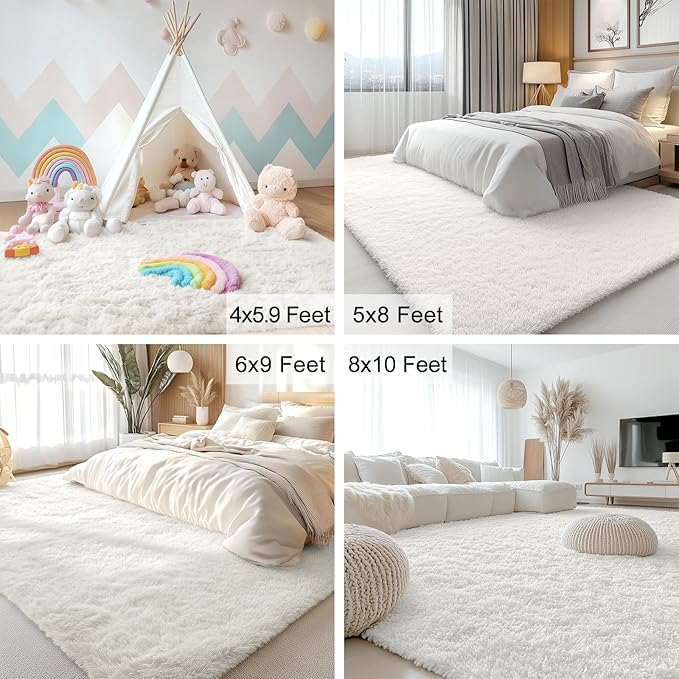 OLANLY 7x8 Machine Washable Large Area Rugs for Living Room, Bedroom, Soft Fluffy Shaggy Bedside Rug, Indoor Floor Carpet for Kids Girls and Boys, Dorms, Nursery, Home Decor Aesthetic, Ivory