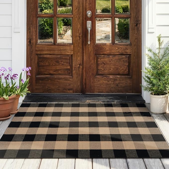 KIMODE Washable Outdoor Rug 3x5, Farmhouse Fall Front Door Mat, Black and Tan Checkered Patio Rug Carpet,Welcome Layering Rug for Front Porch Entryway Kitchen Outside Entrance