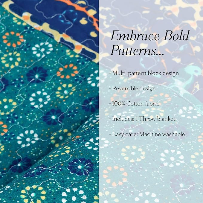 Lush Decor Royal Empire Reversible Cotton Throw Blanket, 50" W x 60" L, Peacock - Throw Blankets for Bed - Couch Blanket - Boho_Throw_Blanket for Couch (Pack of 8)