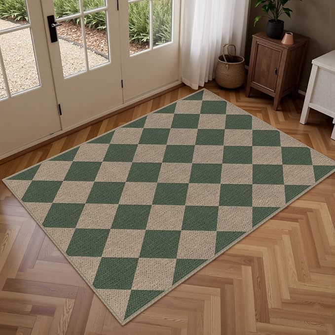 Rugalia Easy Jute Checkered Indoor Outdoor Doormat, 2.6x4 Green Modern Entryway Rug Non-Slip Washable Kitchen Rug, Neutral Farmhouse Diamond Throw Rugs for Entrance Bedroom Porch Patio