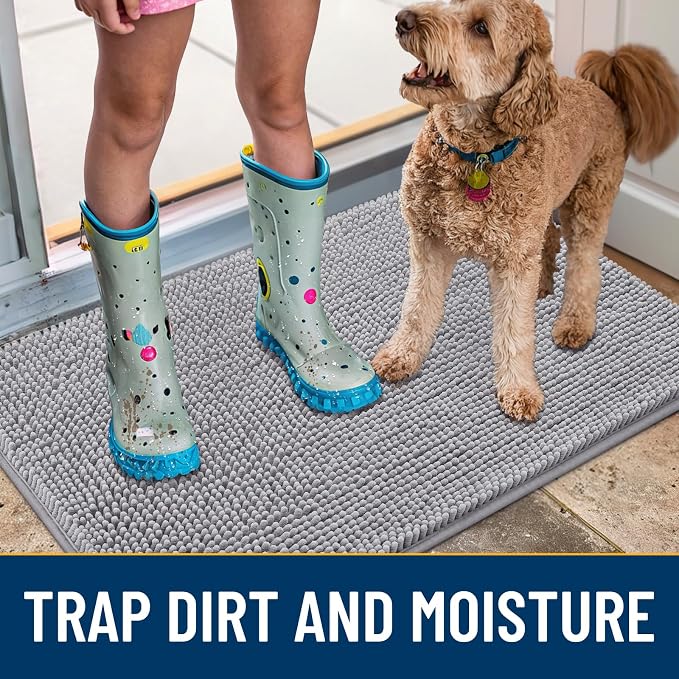 Smiry Dog Door Mat for Muddy Paws 48x30, Absorbent Dirt Trapper, Non-Slip Washable Chenille Entryway Rug for Inside Floor, Light Grey, Classic Solid