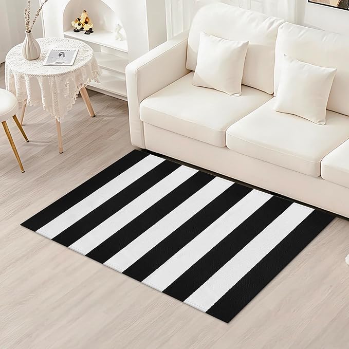 Black and White Striped Rug 27.5x43 Inches Front Porch Layered Door Mats Small Washable Cotton Indoor Outdoor Carpet for Entryway Patio Farmhouse Decor