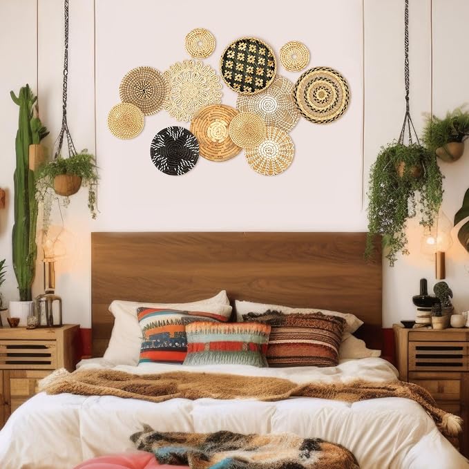 Glenmal 13 Pcs Boho Wall Basket Decor Set Woven Rattan Seagrass,Retro
