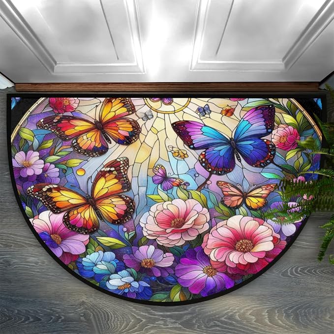Half Round Doormat Colored Butterfly Flowers Non Slip Half Circle Area Rugs Indoor Washable Half Moon Rug Semi Circle Bathroom Runner Mat Entrance Floor Carpet for Kithen Bedroom Fireplace Decor