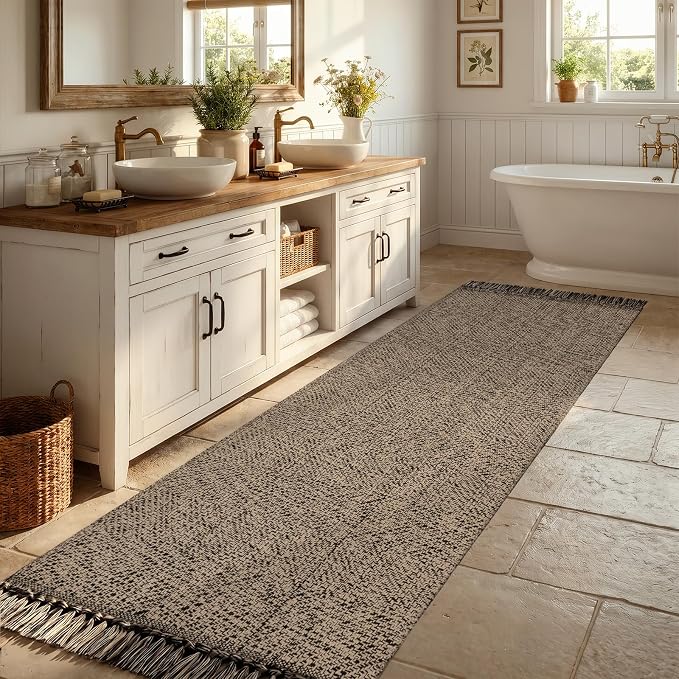 Collive Boho Washable Kitchen Runner Rug, Modern Farmhouse Hallway Runner Rug 2.6' x 8' Natural/Black Bathroom Rugs, Hand Woven Entry Hall Carpet for Laundry Bedroom Decor