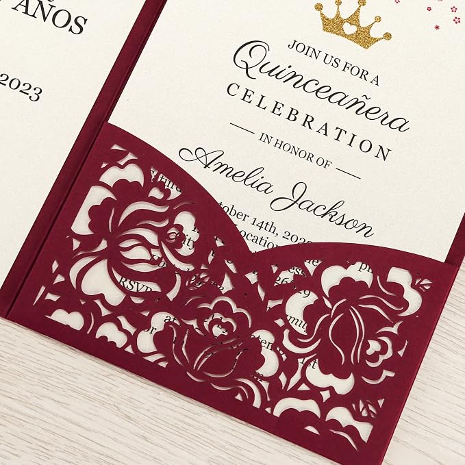 DORIS HOME 50Pcs Personalized Laser Cut Quinceanera Invitations, Burgundy | 4.7"x7.1", Customized Quince Invitations, For 15th Birthday, Sweet 16, With Envelopes