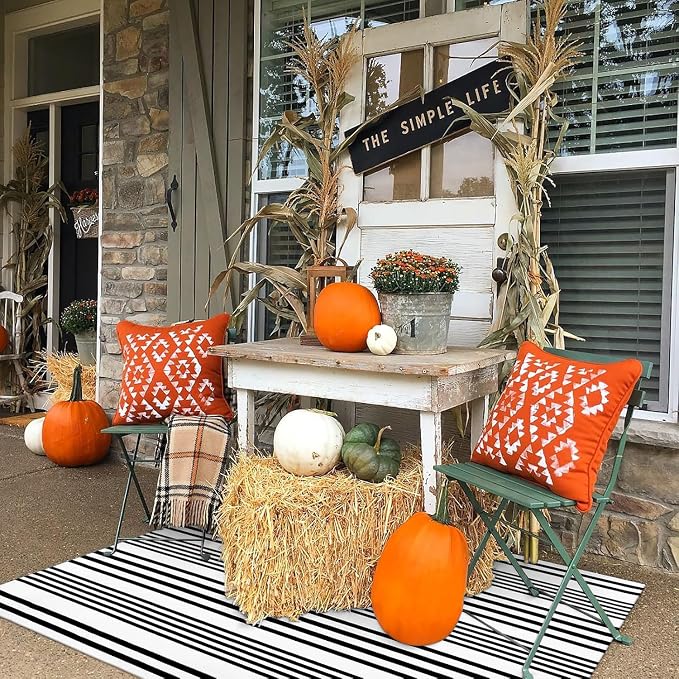 LEEVAN 4'X6' Black and White Striped Woven Cotton Reversible Outdoor Rug | Machine Washable Front Porch Rug, Entryway Door Mat, Indoor Layering Carpet for Balcony Farmhouse Laundry Patio