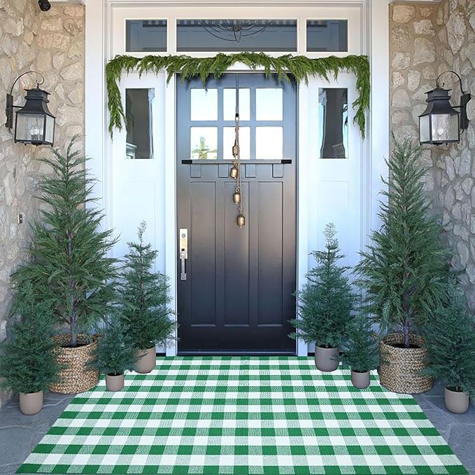 CAINANEL Buffalo Plaid Outdoor Rug Green and White Spring Door Mat Layering Rug Welcome Doormats for Spring Easter Farmhouse Entrance Porch Outdoors Decor