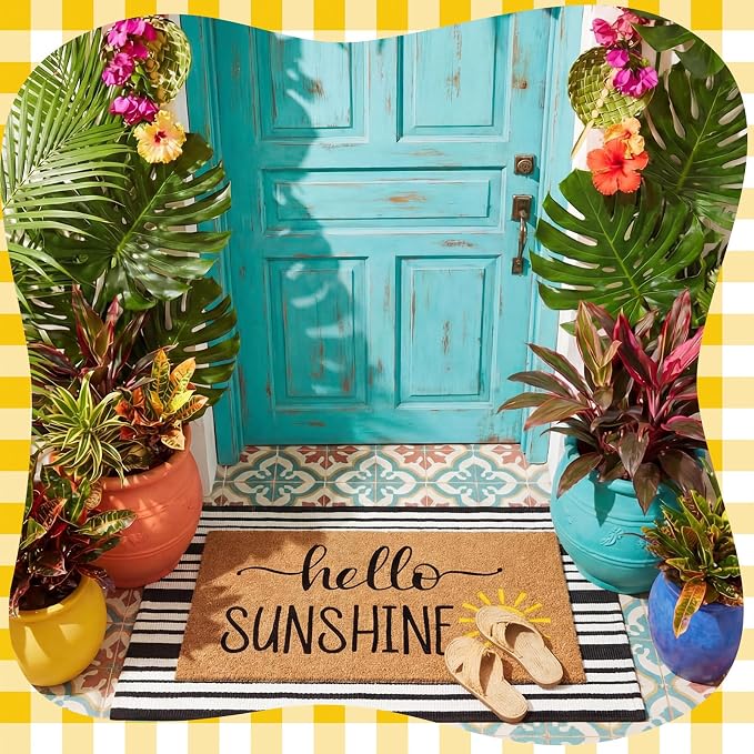 Moucuny 2 Pcs Summer Hello Sunshine Coir Door Mat 24'' x 35'' Black and White Striped Outdoor Rug 16'' x 28'' Yellow Sunshine Coir Doormat Non Slip Seasonal Welcome Doormat for Porch Front Decor