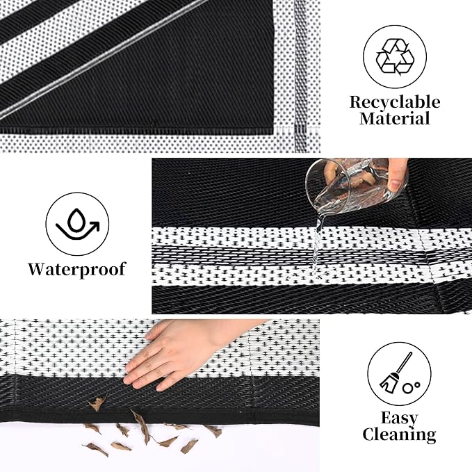 Outdoor Rug 9x18ft Waterproof Reversible Large Modern Black and White Plastic Straw Carpet Lightweight Washable for Patio RV Camping Deck Porch Balcony Backyard Picnic