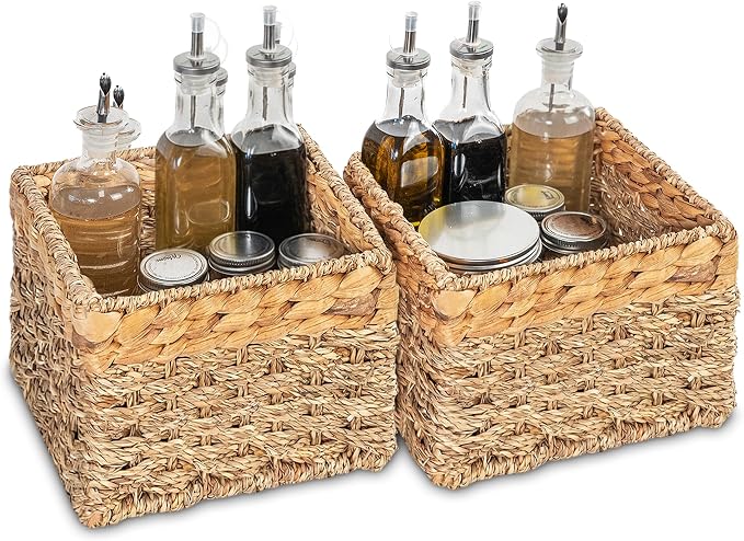 Small Wicker Storage Basket, Set of 2, 8 x 7 x 5.5 Inches | Natural, Woven Baskets for Organizing Living Room, Pantry, Shelves, Wicker, Decorative, Storage, Small
