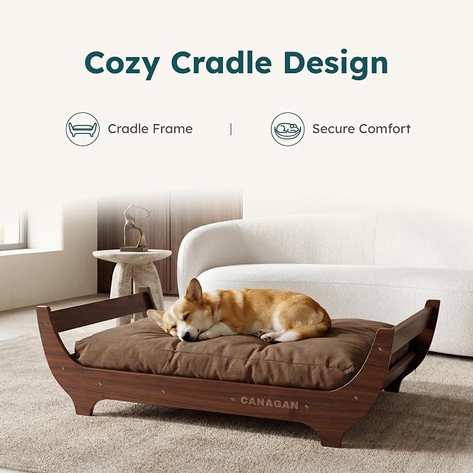 CANAGAN Elevated Wooden Dog Bed with Cushion, Walnut, Medium | Raised Dog Couch Bed with a Washable Cover and Plush PP-Filled Cushion, Designed for Medium Dogs and Stylish Indoor Living