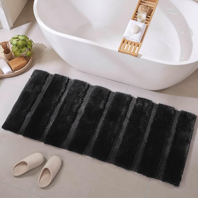 Madison Park Tufted Pearl Channel Bath Rug Non-Slip, 24 x 58, Black | Soft Pile, Machine Washable, Striped Pattern, Absorbent, Plush, OEKO-TEX Certified