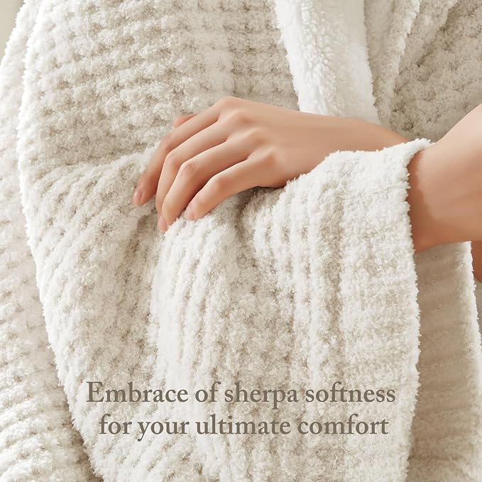 Madison Park Rowan Sherpa Throw Blanket Waffle Weave, 50 x 60, Ivory | Cozy Warmth for Sofa or Bed, Reversible, Lightweight, Farmhouse, OEKO-TEX Certified