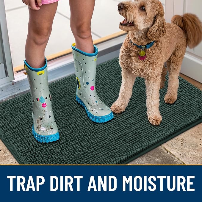Smiry Dog Door Mat for Muddy Paws 70x24, Absorbent Dirt Trapper, Non-Slip Washable Chenille Entryway Rug for Inside Floor, Green, Classic Solid