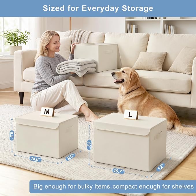Bagnizer Large 42 Quarts Collapsible Stackable Storage Bins Cube with Lids [3-Pack] Foldable Fabric Linen Storage Boxes, Closet Organizer Baskets with Label for Home (16.7 x 12 x 12, Beige)