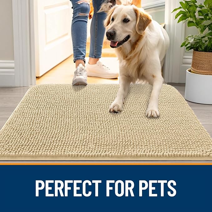 OLANLY Dog Door Mat for Muddy Paws 47x24, Absorbs Moisture and Dirt, Absorbent Non-Slip Washable Doormat, Quick Dry Chenille Mud Mat for Dogs, Entry Indoor Entryway Carpet for Inside Floor, Sand