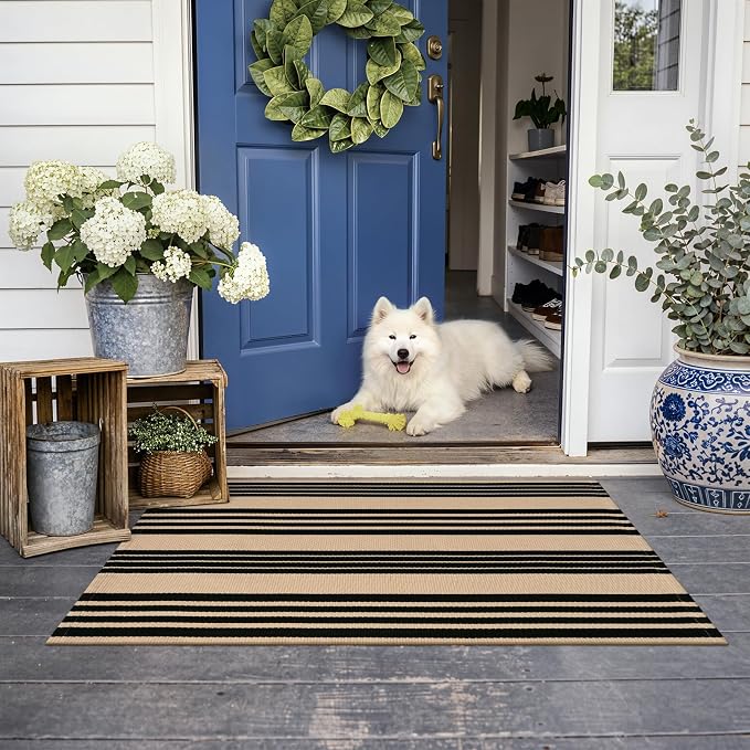 KIMODE Front Door Mats 24"x35", Striped Layered Door Mats Outdoor, Washable Farmhouse Outdoor Porch Fall Decor, Cotton Hand Woven Rugs for Entryway Kitchen Black and Khaki
