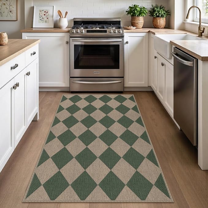 Rugalia Easy Jute Small Outdoor Patio Rug, 3x5 Green Checkered Entryway Rug Washable Modern Diamond Kitchen Rugs, Non-Slip Neutral Farmhouse Throw Carpet for Living Room Porch Backyard