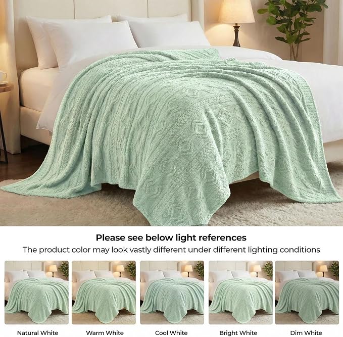 SUPERIOR Fleece Boho Jacquard Blanket, Decorative Blankets for Bedroom, Sofa, Fuzzy, Plush, Fluffy, Soft, Cute Room Decor, Beautiful Cover, Comfort Essentials, Arctic Collection, King, Sea Foam