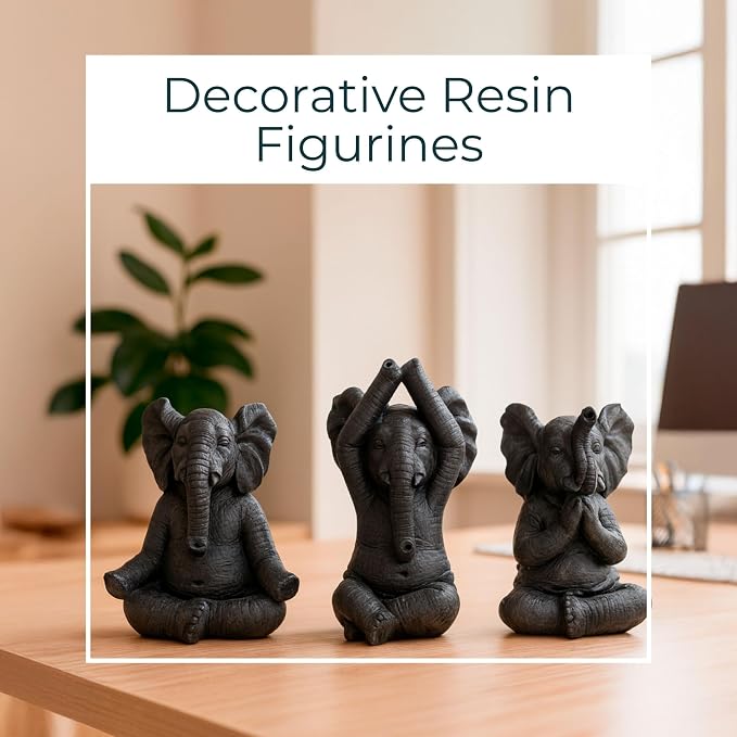 Resin Yoga Elephant Sculptural for Home or Bathroom Decor - Figurine for Shelf, Coffee Table, or Living Room - Ornaments Accent for Office Desk or Entryway - Set of 3, 9", 8", 8", Black