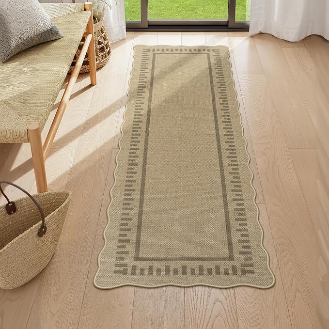 LIVEBOX Scalloped Washable 2x6 Runner Rug, Easy Jute Outdoor Rug Kitchen Tan Rugs for Entryway Hallway, Indoor Non Slip Rugs Farmhouse Geometric Modern Carpet for Laundry Room Bedroom Door Mat Porch