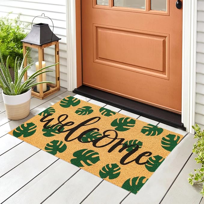 JarThenaAMCS Tropical Coir Doormat Summer Hawaiian Welcome Floor Mat Green Natural Palm Leaf Non-Slip Entrance Door Rugs for Indoor Outdoor Home Bathroom Decor, 16.5 x 29 Inch