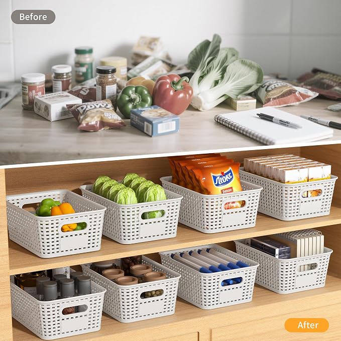 8 Pack Plastic Storage Baskets,White Stackable Storage Bins | 5.3qt Storage Containers with Labels for Organizing Shelves Drawers Desktop Closet Playroom Classroom Office