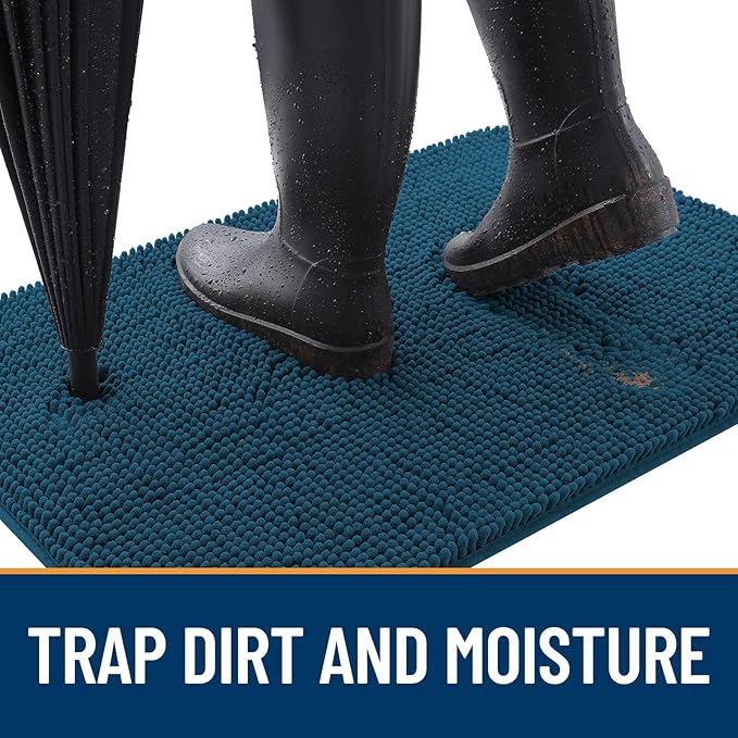 OLANLY Dog Door Mat for Muddy Paws 44x24, Absorbs Moisture and Dirt, Absorbent Non-Slip Washable Doormat, Quick Dry Chenille Mud Mat, Entry Indoor Entryway Carpet for Inside Floor, Atlantic Blue