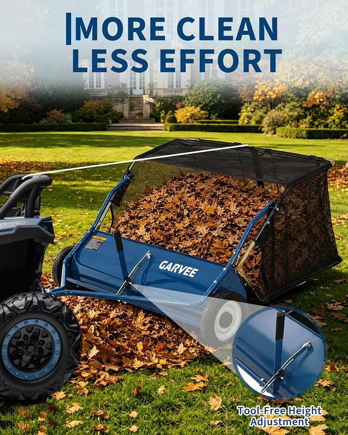 Garvee Tow Behind Lawn Sweeper 48 Inch, 16 cu.ft. Heavy Duty Leaf & Grass Collector with Tool-Free Adjustable Brush Height, Dumping Rope for Yard, Driveway & Sidewalk Debris Cleanup
