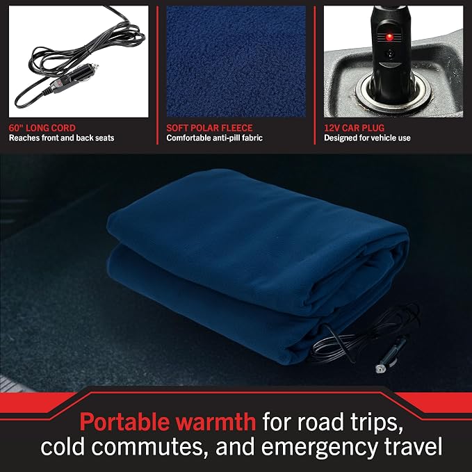 Heated Car Blanket - 12V Electric Travel Blanket for Car, Truck, SUV or RV - Portable Heated Throw for Road Trips, Camping or Winter Emergency Kit for Cold Weather Travel by Stalwart (Navy)