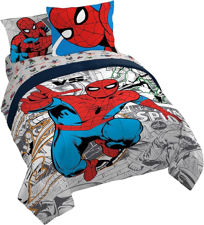 Marvel Spiderman Queen Comforter Set 7 Piece Bedding for Boys, Grey | Bed in a Bag, Comforter Sheets Shams Pillowcases, Official Product, Soft Microfiber, Machine Washable Easy Care, Boys Gift