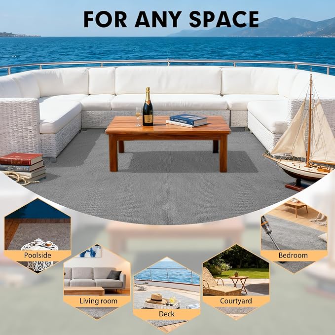 Grefinity Marine Carpet,5 FT x 20 FT Smoke Gray Indoor Outdoor Carpet 0.2" Thick Boat Rug with Water-Proof TPE Backing for Home, Patio, Porch, Deck