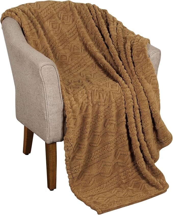 SUPERIOR Fleece Boho Jacquard Blanket, Decorative Blankets for Bedroom, Sofa, Fuzzy, Plush, Fluffy, Soft, Cute Room Decor, Beautiful Cover, Comfort Essentials, Arctic Collection, Full/Queen, Camel