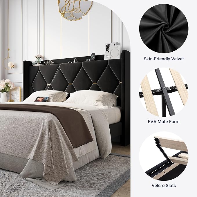 Allewie Full Size Bed Frame with Storage Headboard & Charging Station | Diamond Tufted Design & Gold Trim, Velvet Upholstered Platform Bed, No Box Spring Needed, Easy Assembly, Noise-Free, Black