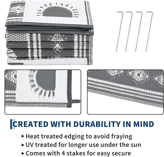 Garvee Waterproof Outdoor Rug 5x8, Cactus Botanical Outdoor Plastic Straw Rug for Camping, Reversible RV Mat Outside, Indoor Outdoor Carpet for Porch, Deck, Backyard, Balcony, Picnic, Grey