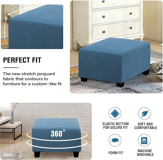 H.VERSAILTEX Square Ottoman Covers Ottoman Slipcovers Folding Storage Stool Furniture Protector Form Fit with Elastic Bottom, Stretch High Spandex Small Checks Jacquard Fabric(Medium,Dusty Blue)