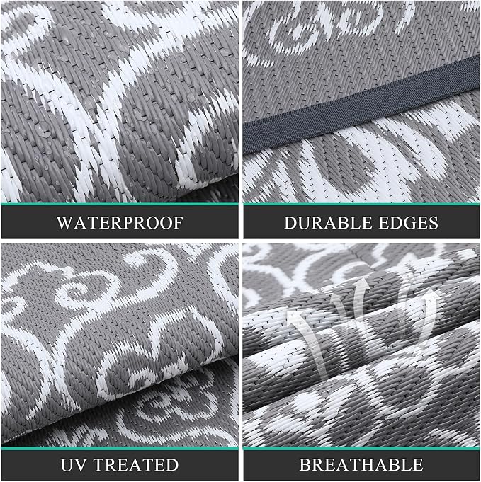 Pauwer Outdoor Rug 6ft, Waterproof Plastic Straw Camping Rug, Floral Grey | Reversible Patio Rug, UV Resistant Indoor Outdoor RV Mat Carpet For Deck, Camper, Porch, Balcony, Backyard, Picnic, Foldable