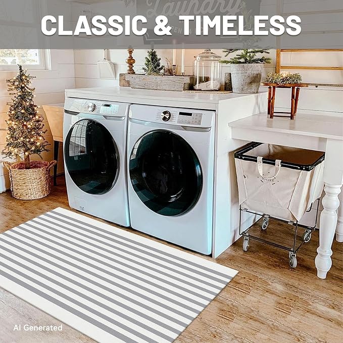 IOHOUZE Striped Area Rug 2.3'x3.6' Front Door Rugs Small Washable Area Rug for Front Porch, Spring Summer Welcome Door Mats Outdoor Indoor, Doormat for Entryway Porch Entrance, Grey/White