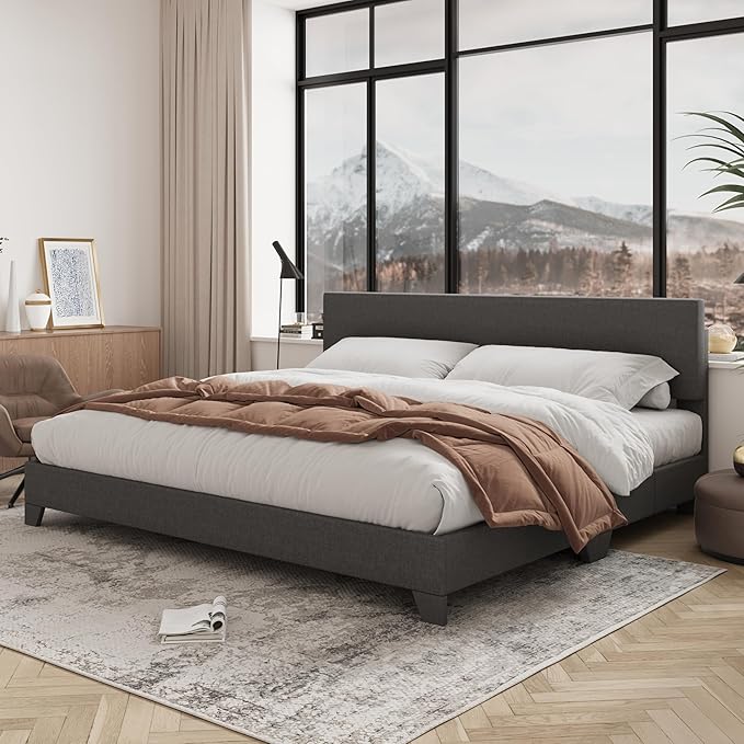 Allewie King Size Upholstered Bed Frame Adjustable Headboard, Dark Grey | Platform Bed with Heavy Duty Mattress Foundation, Noise-Free, Easy Assembly, Wood Slat Support, No Box Spring Needed