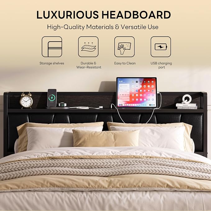 LIKIMIO Queen Bed Frames, PU Leather Storage Headboard with Charging Station, Solid and Stable, Noise Free, No Box Spring Needed, Easy Assembly, Black