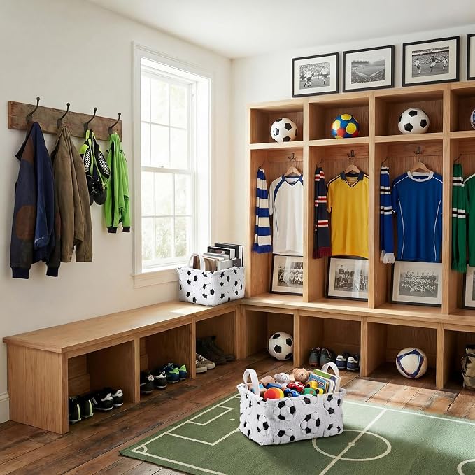 2 Pcs Soccer Storage Baskets 14x10'' Back to School Gift Basket Foldable Fluffy Laundry Storage Bin with Handle Sport Theme Closet Organizer for Preppy Dormitory Countertop Tabletop Shelf
